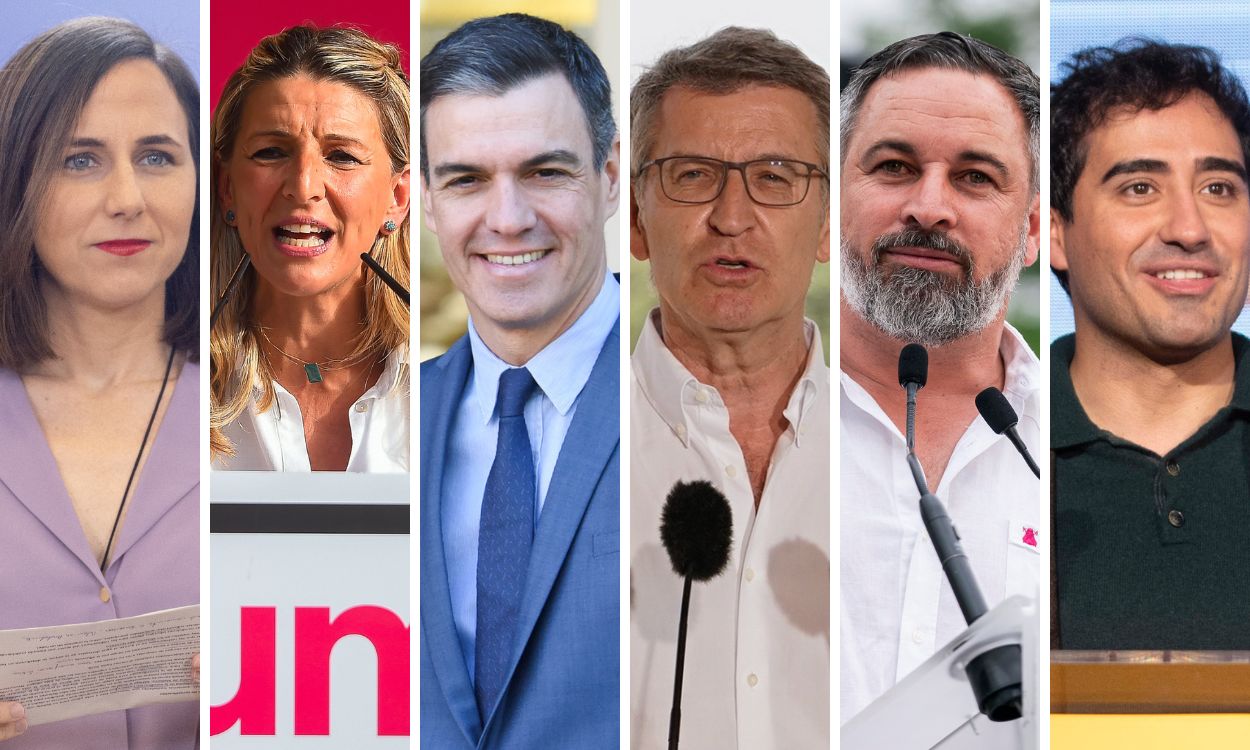 Ione Belarra, Yolanda Díaz, Pedro Sánchez, Alberto Núñez Feijóo, Santiago Abascal y Alvise Pérez.
